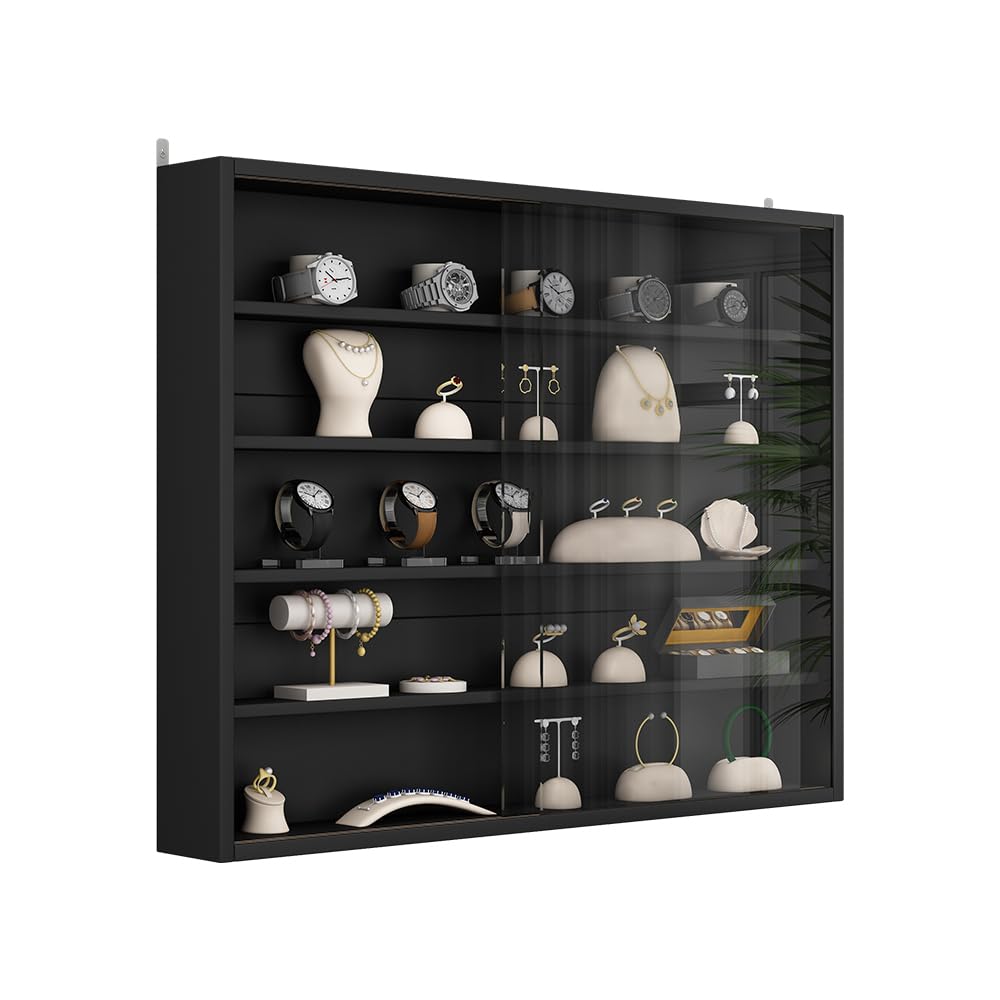 Vicco Wandvitrine Showla, Schwarz, mit 4 Einlegeböden, zur Wandmontage zur Aufbewahrung und Präsentation