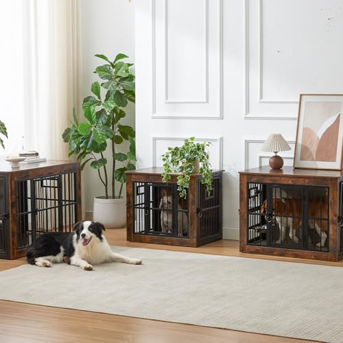 Gardner Pet Hundekäfig Möbel, 83cm Hundebox für Zuhause, Moderne Hundehütte Indoor mit 3 Türen und verstellbaren Näpfen, Hundehaus aus Metall und Holz für mittlere Hunde, 83x58x65 cm, Vintagebraun