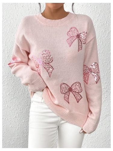 MakeMeChic Women's Crew Neck Sweater Bow Knot Sequin Long Sleeve Drop Shoulder Knit Top3