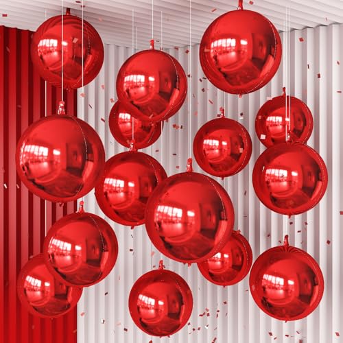 Froova 14 Pcs Red Round Foil Balloons 22/15/10 4D Ball Balloons Metallic Dark Red Balloon Ornament Mylar Balloon Chrome for Valentines Day Birthday Graduation Wedding Anniversary Disco Party Decor