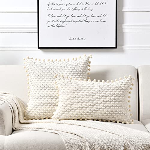 Fancy Homi Set of 2 Boho Cream Decorative Throw Pillow Covers 18x18 Inch with Pom-poms for Couch Bed Sofa, Modern Farmhouse Home Decor, Soft Plush Corduroy Cute Cushion Case 45x45 cm - Image 8