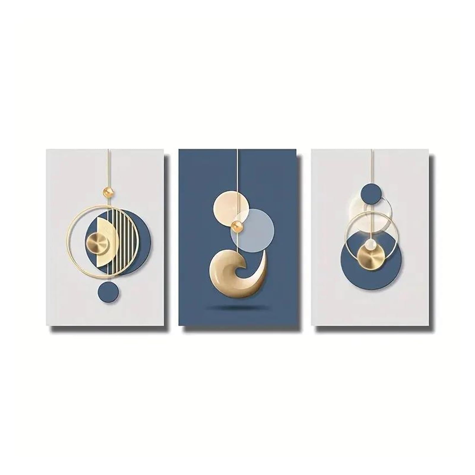Décor artistique mural haut de gamme triptyque abstrait bleu or pour salon chic