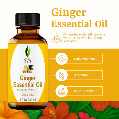 Image of SVA Ginger Essential Oil 1 Fl Oz - for Diffuser, Skin & Hair Care - Ideal for Massage & DIY Blends - with Dropper