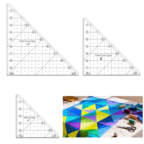 3 Pieces Folded Corner Ruler 6 8 10 Inch Quilting Template Triangle Ruler, 45 Degree Acrylic Triangle Quilt Template, Sewing Templates for Sewing Cutting Cutter Tools, Transparent