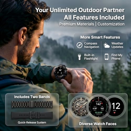 Image of WalkerFit Rugged Smart Watch for Men, 1.43 inch AMOLED 5ATM Waterproof, 2 Bands