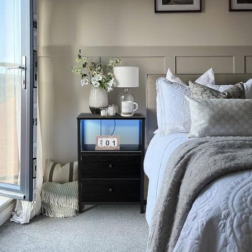 Image of BOLUO Black Nightstand with Charging Station, LED Night Stand with 2 Fabric Drawers, Bedside Table with USB Ports and Outlets, Nightstand for Bedroom Modern