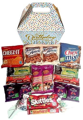 Happy Birthday Care Package features fun birthday candles graphic Gift Box stuffed with savory snacks and sweet candy treats
