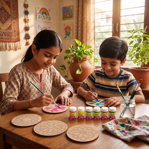 Image of ImagiVibe Premium Mandala Coaster Painting Kit for Kids & Adults | DIY Mandala Art | 6 Pre-Marked Wooden 4 Inch MDF Coasters with Stand | Creative Art & Craft Activity | Gift (Mandala - Acrylic Paint)