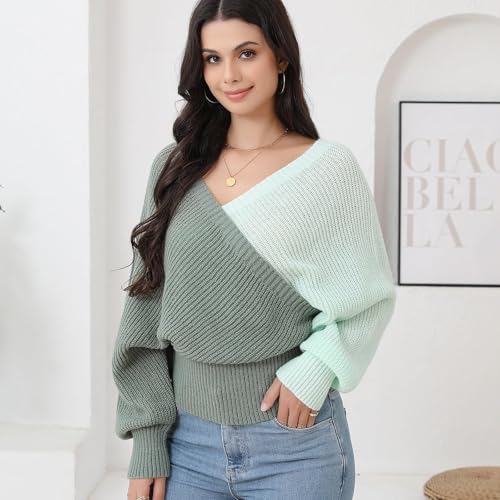 Image of Women's Wrap V Neck Knit Sweaters Batwing Long Sleeve Cross Front Drop Shoulder Fall Pullover Tops