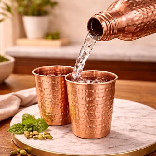 Image of JAIPUR ACE Hammered Pure Copper Water Bottle with Glass Set | 100% Copper Bottle Set | Leak Proof, Ayurvedic Benefits, Premium Design Gift Set for Home, Office, Gifting (Premium Hammered Bottle)