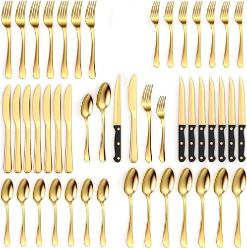 Lista de Tenedores de mesa - los más vendidos. 45 Juego de cubiertos de Oro de 48 piezas con cuchillo para carne - Juego de cubiertos de acero inoxidable - Utensilios de plata brillantes con cuchillo de mesa/cucharas/tenedores...