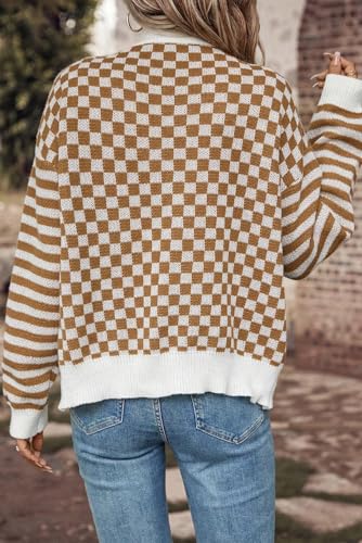 Women's Brown Checkered Striped Patched Buttoned V Neck Cardigan3