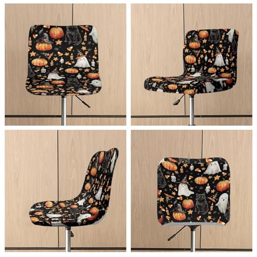 Image of Bar Stool Covers with Backs Cushion Slipcover for Counter Set of 2 Halloween Spooky Pumpkin Black Cat Waterproof Height Mid Low Back Chair Protector Easy to Install