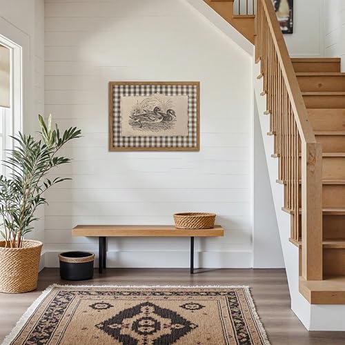 Image of Vintage Duck Framed Wall Art - Retro Farmhouse Brown Gingham Duck Poster, Rustic Cottagecore Decor Canvas Print, Vintage Wall Decor for Living Room Bedroom Office Nursery 16x24 inch