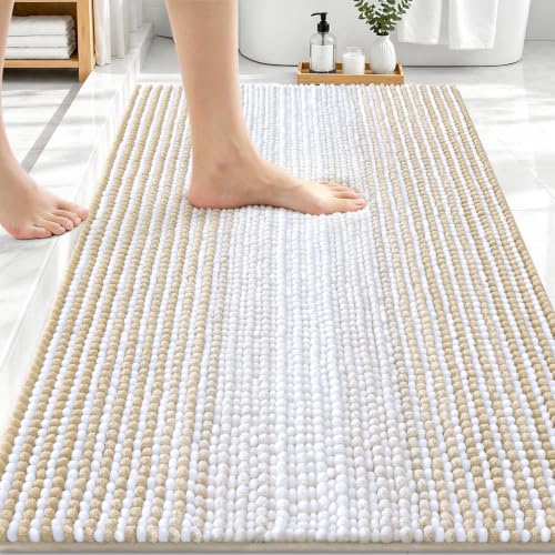 Image of OLANLY Bathroom Rugs 34x21, Soft Chenille Striped Bath Rugs, Beige