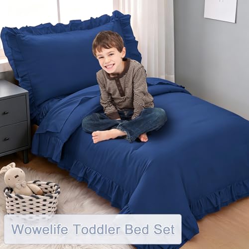 Image of Toddler Bedding Sets for Boys, 4 Piece Double Ruffles Soft and Breathable Toddler Comforter Set for Boys, Includes Quilted Comforter, Fitted Sheet, Flat Sheet and Pillowcase, Navy Blue