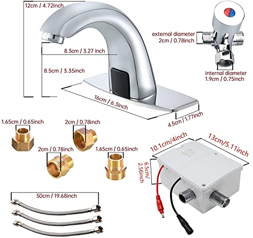 Automatic Sensor Bathroom Sink Faucet With Hole Cover Plate, Touchless, Brass, Hands Free Bath Water Tap With Temperature Mixer, 3/8" 1/2" Adapter, 3 Hoses, Large Elbow Shape Chrome Nickel Finished #TOP6