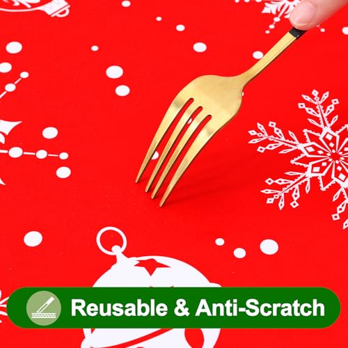 Image of Smiry Christmas Table Cloth, Flannel Backed Vinyl Tablecloth, 60 inchx120 inch | Waterproof Bell & Snowflake Plastic Tablecloths, Wipeable Table Cover for Christmas Table Decorations (White & Red)