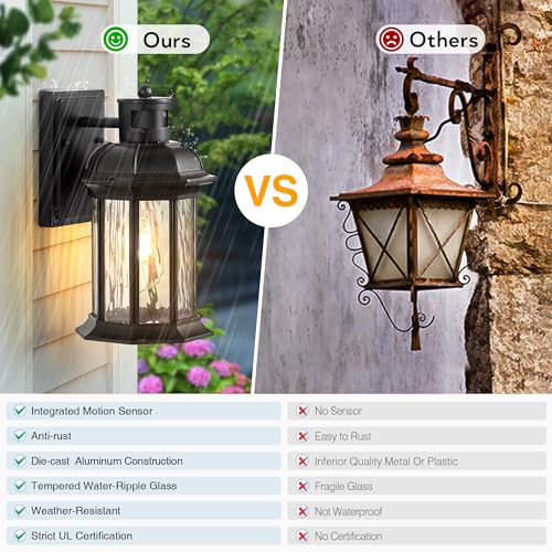 vianis dusk to dawn motion sensor outdoor porch lights modern black exterior porch light fixtures wall mount anti-rust aluminum waterproof wall lantern with tempered ripple glass for garage entryway