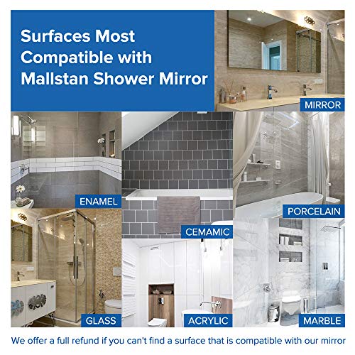 Mallstan Fogless Shower Mirror with Razor Holder, Fog Free Bathroom Shaving Mirror, Wall Mounted Strong Suction Cup, 360° Rotating Adjustable Arm. Shatterproof Chrome Round + Stainless Steel Tweezers