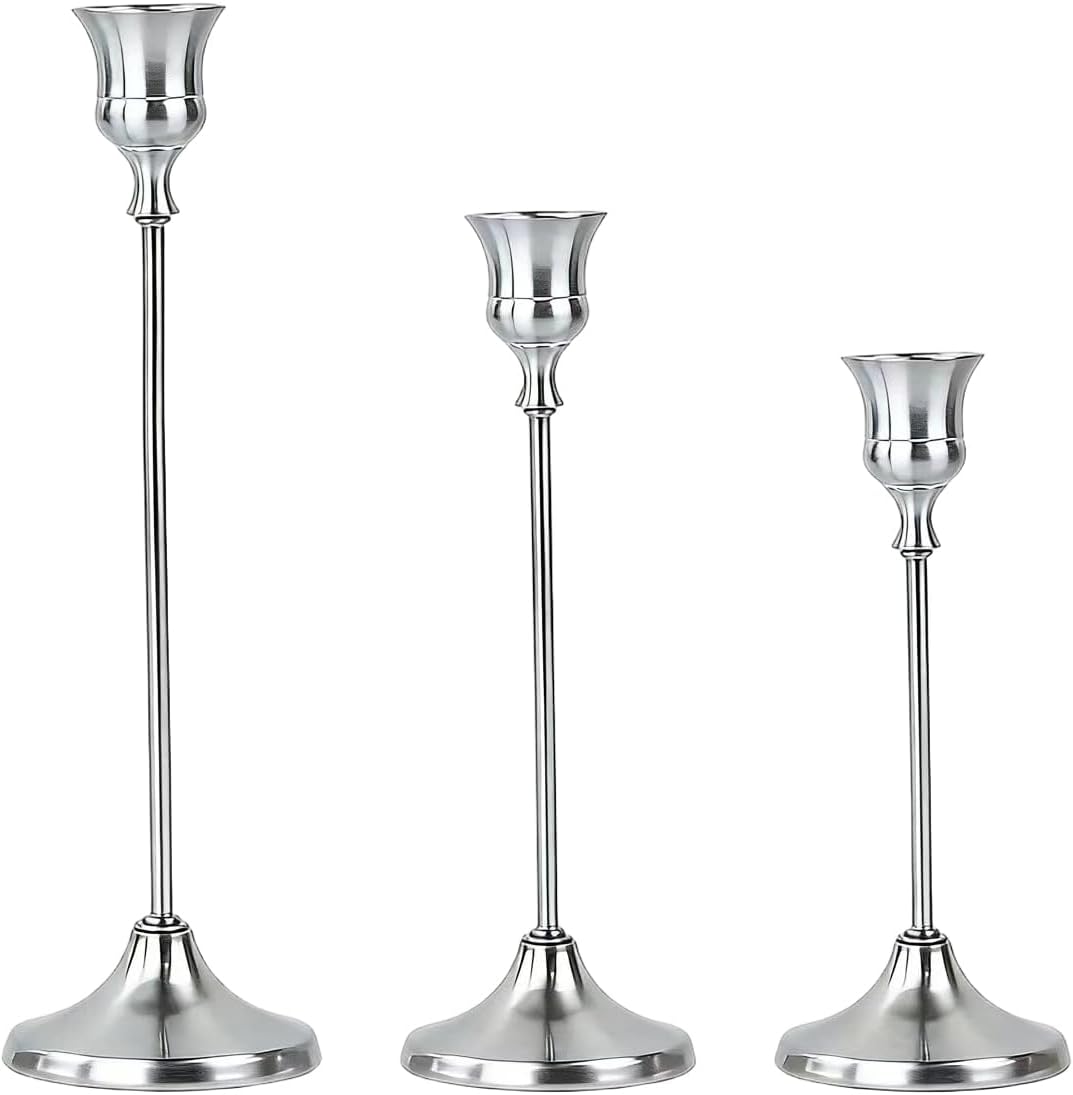 A Set of 3 Silver Candle Holders, Cone-Shaped Retro Candle Holders, Suitable for Home Decoration, Weddings, Dinners, Parties, Anniversaries