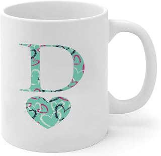 Valentine's Day Love Heart Alphabet Initials D 11oz White Glossy Ceramic Mug - Gift for Him/Her, Floral Alphabet Design, for Coworkers (Men & Women)