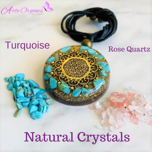 Orgone Necklace, Protection, Symbol Flower Of Life, Sacred Geometry, With Stone Turquoise,Rose Quartz- Sbb Coil, Reiki, Yoga, Healing Crystals,Orgonite Pendant Handmade, Arte Orgones #TOP2