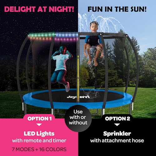 Image of JoyBerri Upsurge Trampoline Outdoor - ASTM Certified Safe 8Ft 10Ft 12Ft 14Ft 15Ft 16Ft Recreational Trampoline for Kids and Adults. Anti-Rust Coating with Enclosure Net, Ladder, Sprinkler & LED Lights