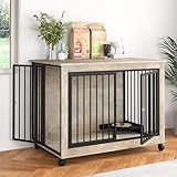 Rovibek Large Dog Crate, Dog Crates, Dog Cage Furniture, Dog Kennel with 3 Doors, Flip-up Top Opening and Wheels, Heavy Duty Crate, 43.7', Indoor, Grey