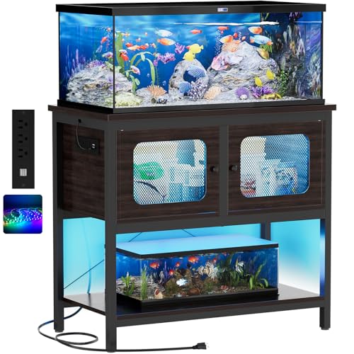 iSunirm Metal Aquarium Stand with LED Light and Power Outlets, Fish Tank Stand with Cabinet and Accessories Storage for 40-55 Gallon, Turtle Tank, Reptile Terrarium Table, 880LBS Capacity, Dark Walnut
