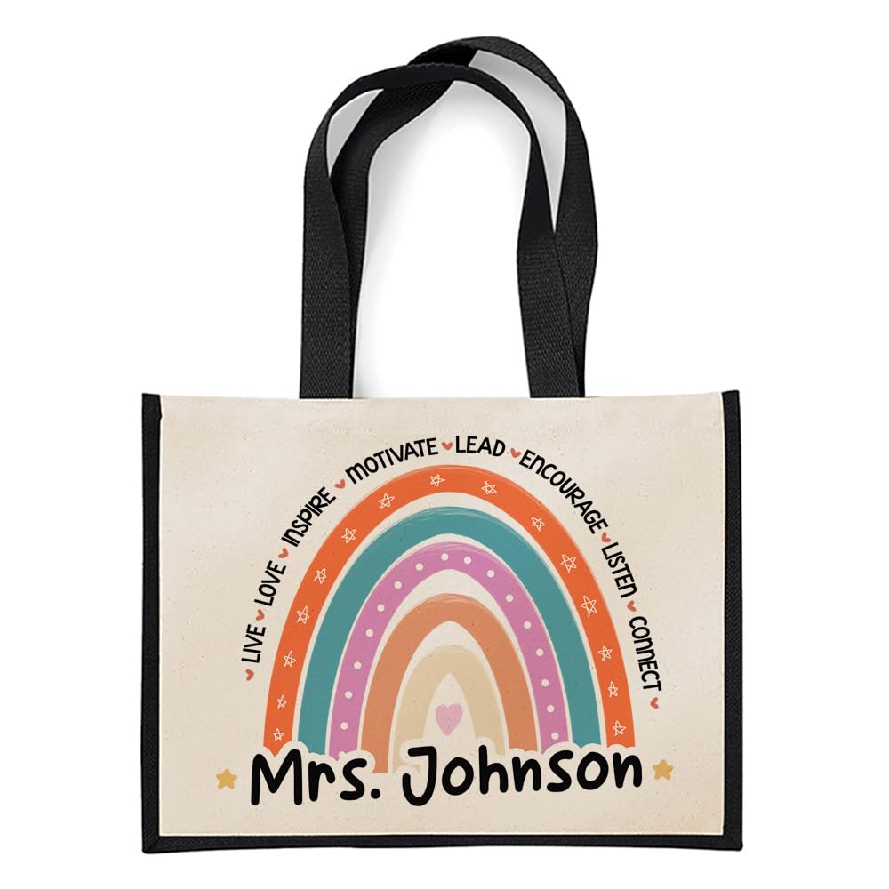 Getagift Personalised Teachers Jute Bag, Rainbow Bag Gift Shopping Bag. (Black)