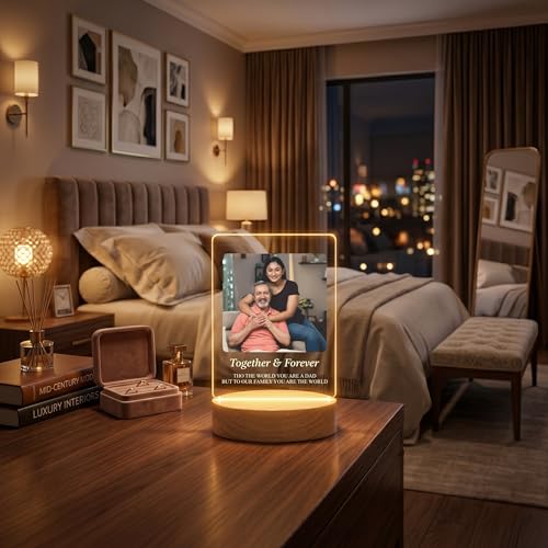 Image of Giftplease Fathers Day Personalized Rectangle Acrylic LED Frame - Custom Single Square Photo Wood Stand Tabletop Showcase with Inspiring Quote For Grandpa Birthday, Dad, Stepdad, Birthday