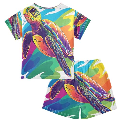 ALAZA Rainbow Sea Turtle Splash Pajamas Set Short Sleeve Cotton Sleepwear Summer Pjs 2 Piece 5-14Y2