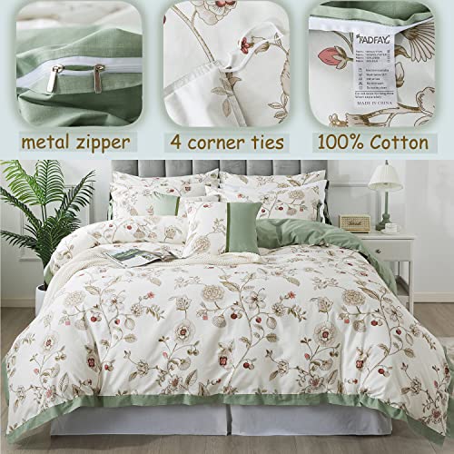 Fadfay Floral Bedding Set Queen 100% Cotton Shabby And Chic Beige Green Reversible Duvet Cover Vintage Pink Flower Print Bed Covers Luxury Girls Pretty Bowknot Soft Crisp Zipper Comforter Cover 3Pcs #TOP2