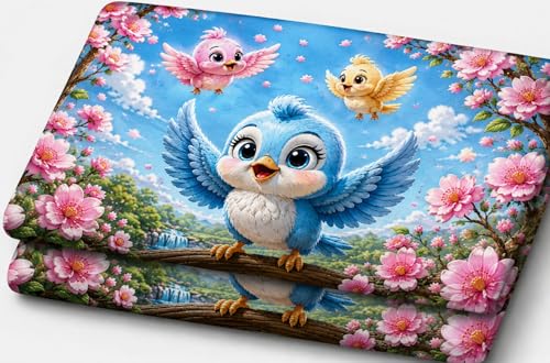 Image of RUMPS 3D Digital Printed Double Bedsheet Flat | Premium Knitted Cotton MicroFabric 90x100 Inch Bed Sheet with 2 Pillow Covers, Cute Cartoon Blue Bird (Sky Bule)