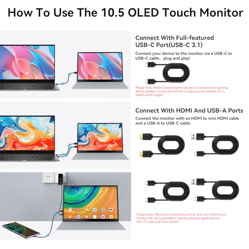 Image of 10.5 inch OLED Touchscreen Portable Monitor 2.5K 100% NTSC, 54000:1 Contrast | Mini Second Touch Display with Protect Case & Speaker, USB-C, HDMI, Small Screen for Laptop Mini PC Phone