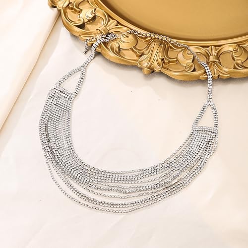 Flyonce Multi Layered Choker Collar Necklace, Glitter Rhinestone Crystal Tassel Multi-Strand Fringe Chains Bib Statement Necklace Prom Jewelry for Women4