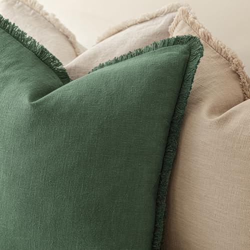 Image of Foindtower Set of 2 Decorative Linen Fringe Throw Pillow Covers Cozy Boho Farmhouse Cushion Cover with Tassels Soft Accent Pillowcase for Couch Sofa Bed Living Room Home Decor, 16x16 Inch, Pine Green
