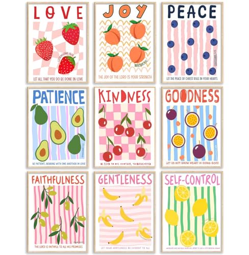 Fruit of the Spirit Bible Verses Wall Art Minimalist Striped Christian Poster Colorful Scripture Picture Galatians 5:22 Spiritual Faith Painting Print Artwork for Dining Room Kitchen Church, Unframed