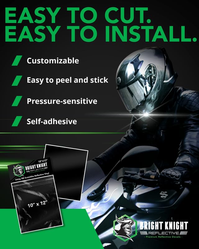 Image of Bright Knight Decals Black 3M Reflective Tape - 10x12 Flat Sheet Vinyl Motorcycle Helmet Stickers, Waterproof Safety Vinyl Wrap, Reflective Stickers for Helmet, Hard Hats, Cars, Bikes & Rims
