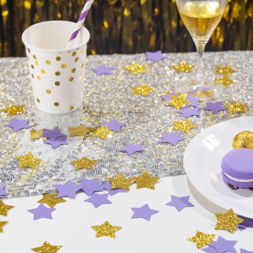Image of MOWO Gold and Purple Star Confetti Table Decoration, 1.2'', 200pc | Graduation Birthday Retirement Wedding Pride Theme Party, eid