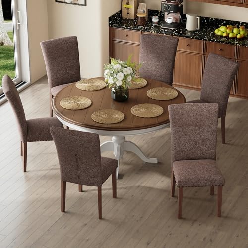 Image of COLAMY Upholstered Dining Chairs Set of 6, Parsons Nailhead Dining Room Kitchen Chairs with Wood Legs - Brown