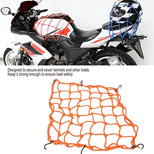 CUEI Motorrad Gepäcknetz, 30,5 x 30,5 cm Helmaufbewahrung, Latex Bungee Gepäcknetz, Dickes 25 kg schweres Gepäcknetz, dehnbar bis 35 Zoll, 6 verstellbare Haken für Paddleboard, Fahrrad, ATV,(Orange)