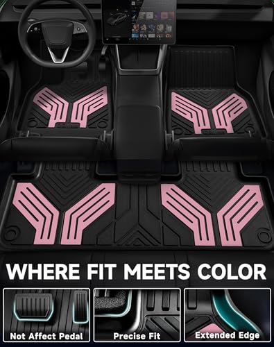 Image of Premium Color TPE Floor Mats 6-PCS for Tesla Model Y Juniper 2025 2026 |Pearl Pink Wing Design | Car Mat Full Set Front & Rear | All-Weather Protection, Pet & Child-Friendly Accessories
