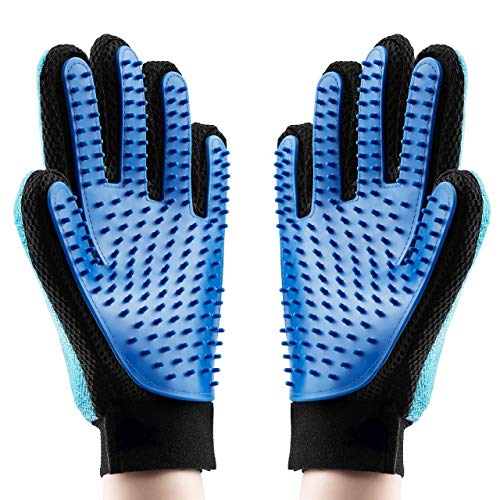 UCSLIFE Pet Grooming Glove - Gentle Deshedding Brush Glove - Efficient Pet Hair Remover Mitt - Enhanced Five Finger Design - Perfect for Dog & Cat with Long & Short Fur (Left and Right Hand, Blue)
