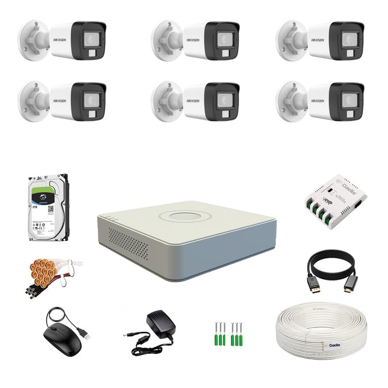 Image of Clocite HIKVISION 3K /5MP 8 Channel DVR, 3K /5MP 6 Bullet Cameras [Color Night Vision + Built-in Audio MIC + SMART Dual Light + Motion Detection] + 2 TB HDD 8 CH SMPS + CCTV Cable + BNC /DC