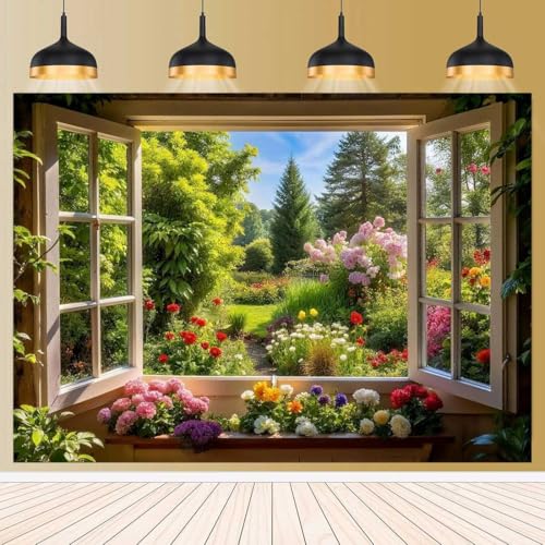 Spring Summer Garden Window Backdrop for Photography Floral Nature Landscape Photo Background Flowers and Trees Vibrant Flowers Party Decorations Banner Wedding Baby Shower Party Supplies 5x3ft