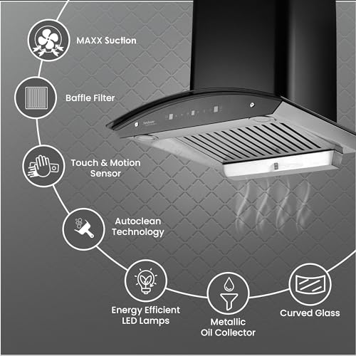 Image of Hindware Smart Appliances | Nevio Plus Blk 60cm 1400 m /hr* SS Baffle Filter Wall Mounted Chimney for Kitchen With Classic Look, Touch Control and Auto Clean Technology (Black)