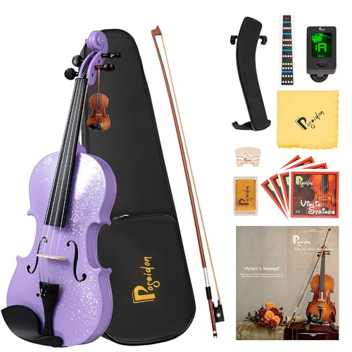 Poseidon Acoustic Violin for Beginner, Full Size Violin Set for Students with Hard Case, Extra 4/4 Strings Set, Violin Bow, Horse Bridge, Violin Rosin, Shoulder Rest, Clip-on Tuner, Manual - Purple