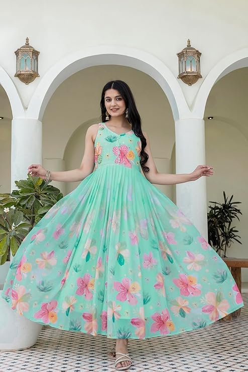 Image of KD Women's Floral Print Anarkali Kurta Set with Pant and Dupatta, Georgette, Full Sleeves, Asymmetric Hemline